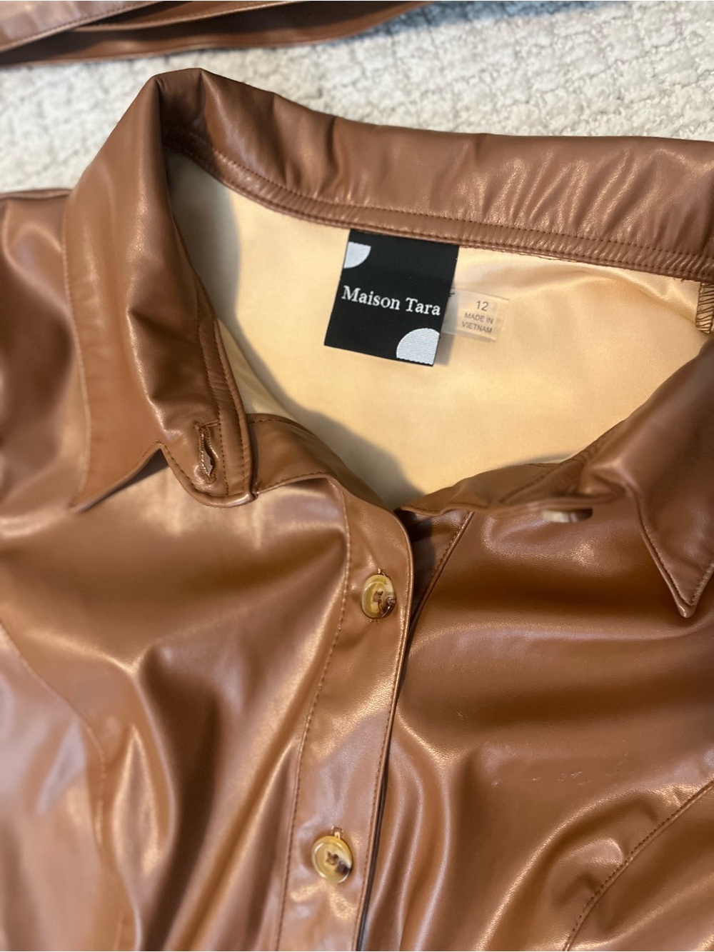 Maison Tara Cognac Faux Leather Puff-Sleeve Button-Front Mini Dress - Picture 10 of 16